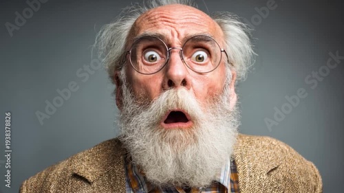 Surprised elderly man with white beard and glasses expressing shock in a neutral background, showcasing a moment of astonishment and humor in everyday life situations.