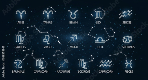 Zodiac Signs and Constellations - A Celestial Map of Astrological Symbols.