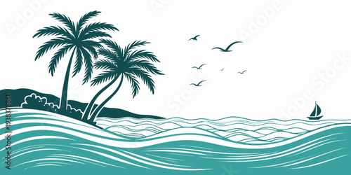 A serene tropical beach scene with palm trees and birds flying over calm blue waters Vector