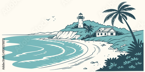 Serene beach scene with a lighthouse and palm trees overlooking the ocean Vector