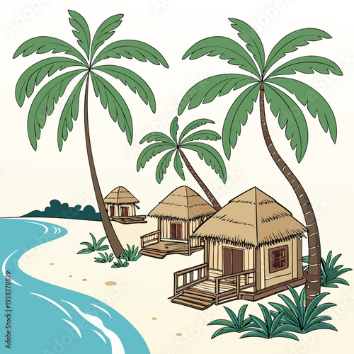 Tropical island paradise with palm trees and beach huts overlooking the ocean Vector