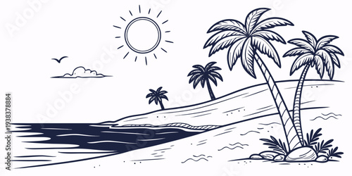 A serene beach scene with palm trees and a radiant sun Vector