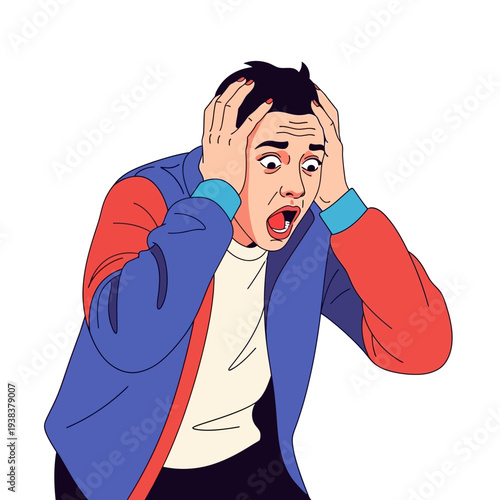 Man Shocked and Stressed, Holding Head in Disbelief, Isolated on White