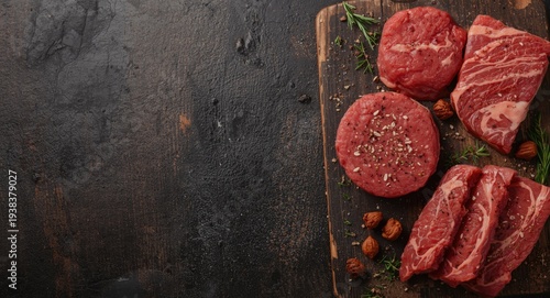 Assorted raw steak cuts and...