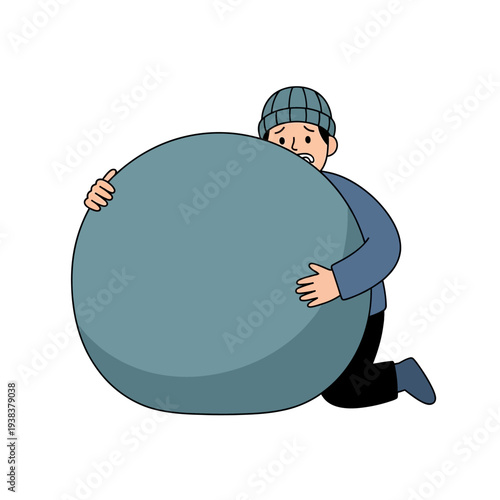 Man struggling to carry large heavy grey sphere, cartoon illustration