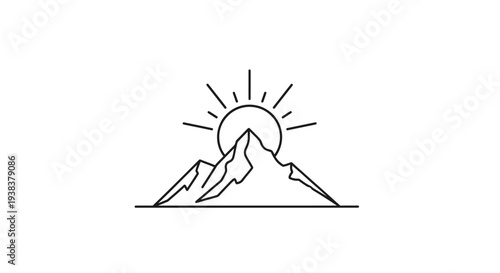 Simple Line Drawing of Mountain and Sun.