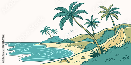 A serene tropical beach scene with palm trees and clear blue waters Vector