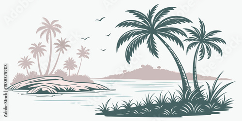 A serene tropical island with palm trees and a small boat in the distance Vector