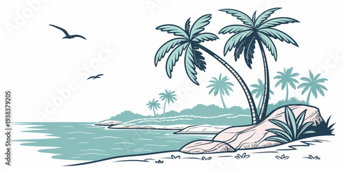 A serene tropical beach scene with palm trees and clear blue waters Vector