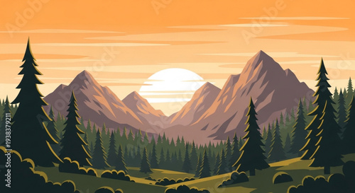 Sunset over mountains with pine trees in foreground serene landscape with orange sky