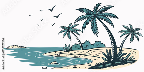 Tropical beach scene with palm trees and a clear blue sky Vector