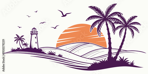 A serene beach scene with palm trees and a sailboat on the horizon. Vector