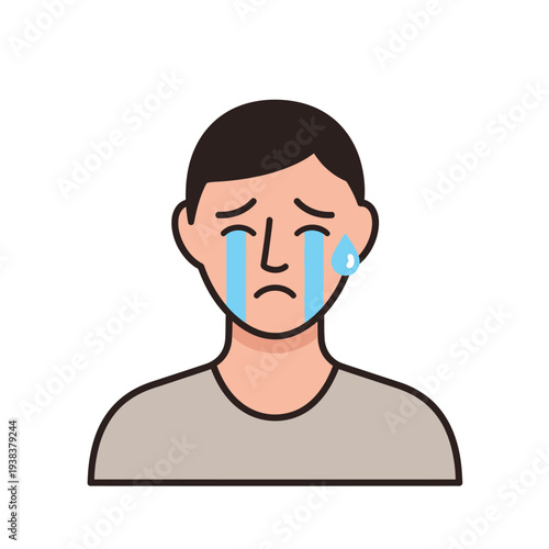 Sad Man Crying Tears, Emotional Distress, Icon Illustration