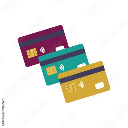 An illustration depicts four credit cards stacked diagonally each with a distinct color scheme high quality professional detailed modern elegant stylish