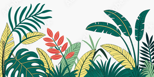 Vibrant tropical plants with lush green foliage and colorful flowers in a natural setting Vector