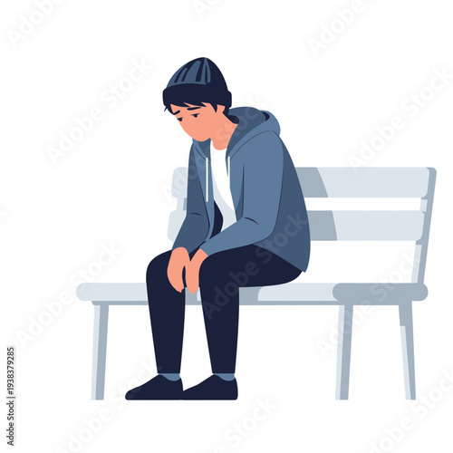 Sad Teenager Boy Sitting Alone on Bench, Feeling Depressed and Lonely