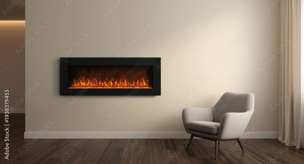Obraz premium Wide view of modern electric fireplace featuring genuine flame visuals on wall with soft gray chair in tranquil living room ambiance