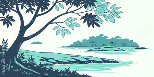 A serene landscape painting of a lone tree standing by a tranquil lake. Vector