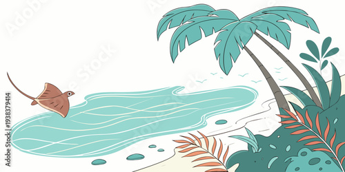 A vibrant beach scene featuring a dolphin leaping in the ocean with palm trees in the background Vector