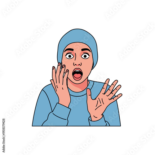 Shocked Woman Face Expression, Open Mouth, Wide Eyes, Hands Raised in Surprise, Blue Hat and Sweater