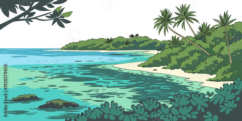 A serene tropical beach with crystal clear waters and lush palm trees Vector