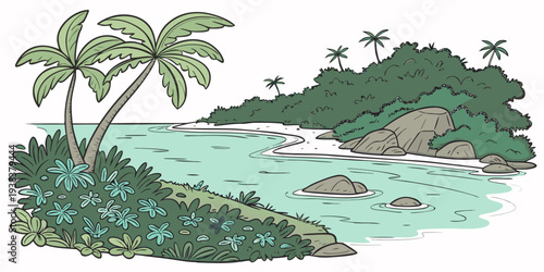 A serene tropical island with lush palm trees and crystal clear waters Vector