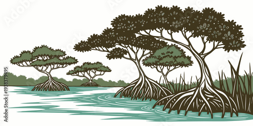 A serene lakeside scene with a large tree and a small island in the middle. Vector