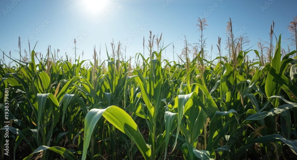 Fototapeta premium Bright sunny farmland with mature corn plants at harvest stage