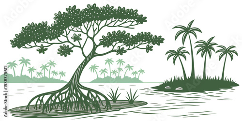 A serene tropical island landscape with palm trees and a small boat Vector