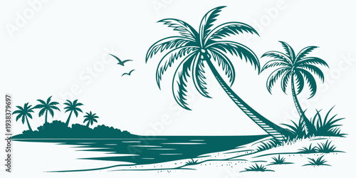 Two palm trees on a small island with birds flying in the sky. Vector