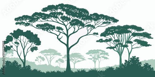 A serene landscape featuring a cluster of tall trees with lush green foliage Vector