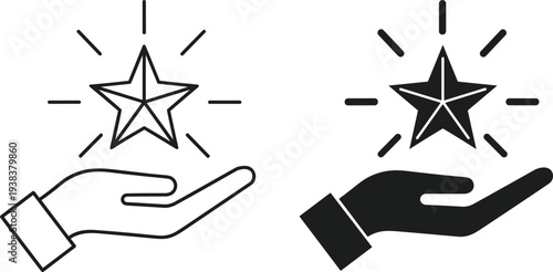 Customer service rating star above hand icon, feedback review quality support satisfaction evaluation symbol outline solid design concept vector illustration