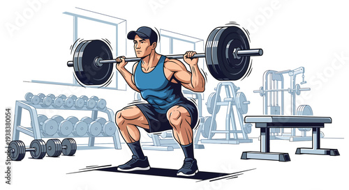 Man Squatting with Barbell in Gym