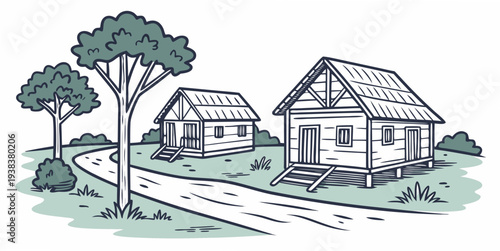 A quaint countryside scene featuring a charming farmhouse and a rustic barn Vector