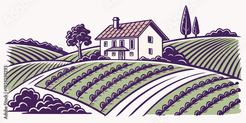 A picturesque countryside landscape with a charming farmhouse and rolling hills Vector