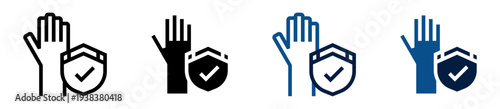 Iconos de protección garantizada. Mano junto a escudo con aprobación, seguridad confiable, garantía de protección, respaldo seguro, defensa confiable. Ilustración vectorial