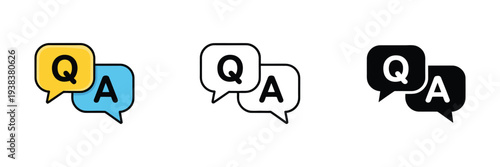Question and answer icon, FAQ line symbol, Q&A letters, thin black outline, solid style, blue and yellow speech bubble, flat vector illustration