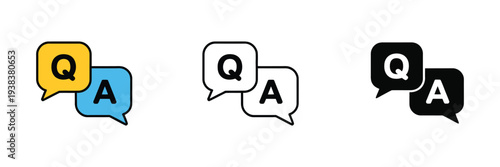 Question and answer icon, FAQ line symbol, Q&A letters, thin black outline, solid style, blue and yellow speech bubble, flat vector illustration