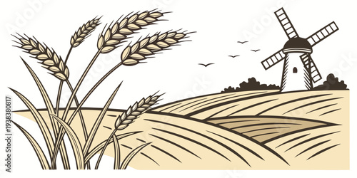A picturesque landscape featuring a windmill and a field of tall grass. Vector
