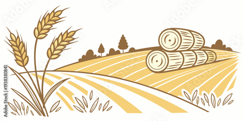 A vintage car drives through a picturesque countryside landscape with golden wheat fields. Vector