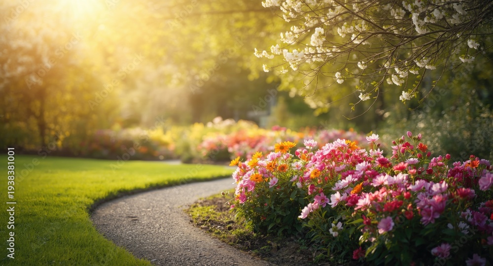 Obraz premium Golden sunlit trails featuring clusters of lively blooming flowers