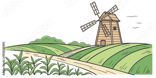 A picturesque windmill standing tall amidst a lush green landscape Vector