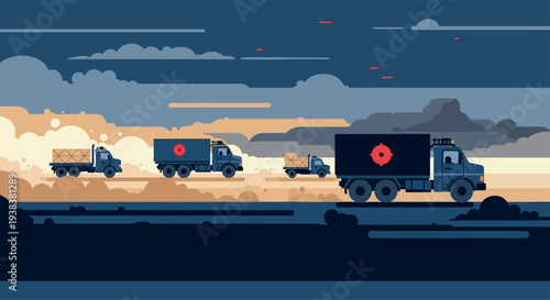 A military convoy illustration with trucks driving through a desert landscape under a dark, ominous sky, conveying a sense of geopolitical tension and war crisis.
