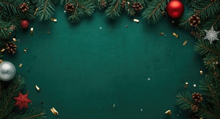 Christmas border with festive decorations pine branches and confetti on green background seasonal card template