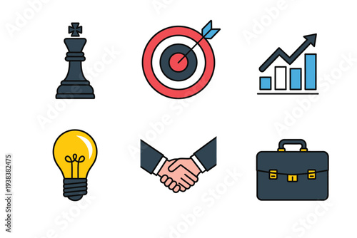 Business Strategy and Success Icons Set – Chess King, Target, Growth Chart