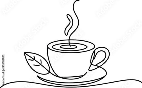 Minimal Line Art Hot Tea Cup with Leaf Illustration.