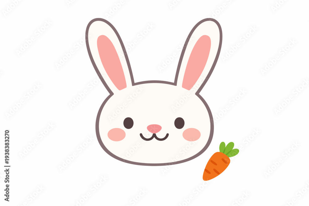 Obraz premium Cute cartoon bunny face with carrot icon on white background