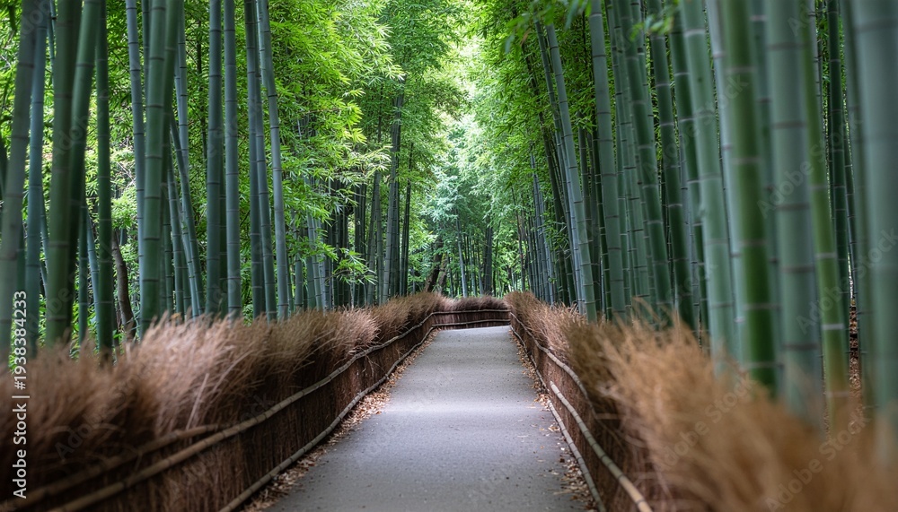 Fototapeta premium Serene bamboo forest pathway with lush greenery and natural light