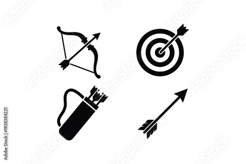 Archery icon set with bow arrow target and quiver - Black and white silhouette archery equipment elements