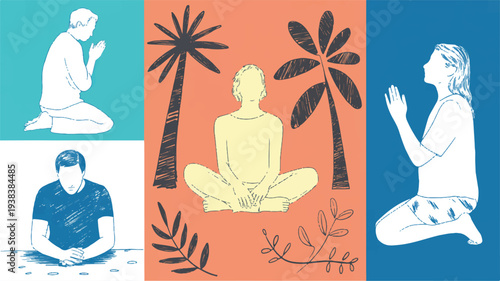 People in various meditation and yoga poses in different settings